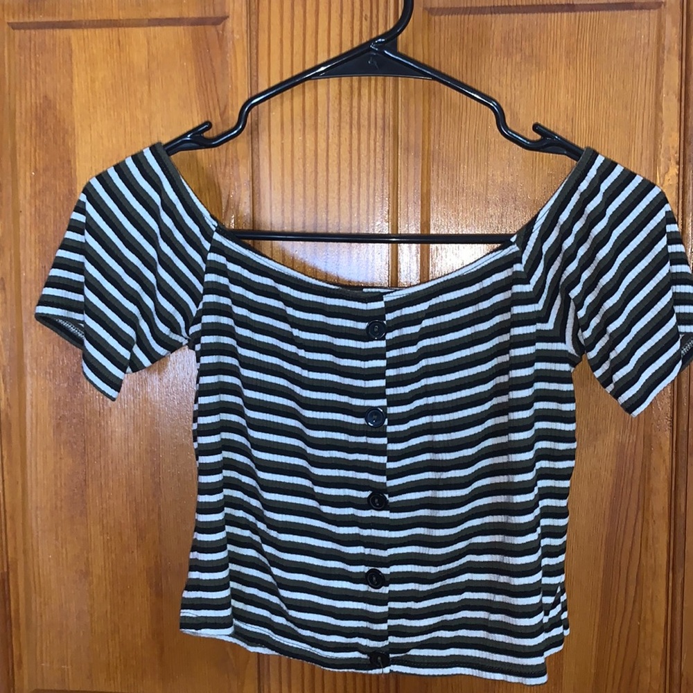 Striped Button Down Off the Shoulder Crop Top